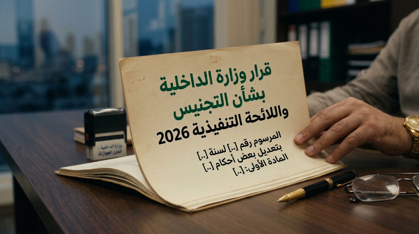 Arabic document titled قرار وزارة الداخلية بشأن التجنيس واللائحة التنفيذية 2026