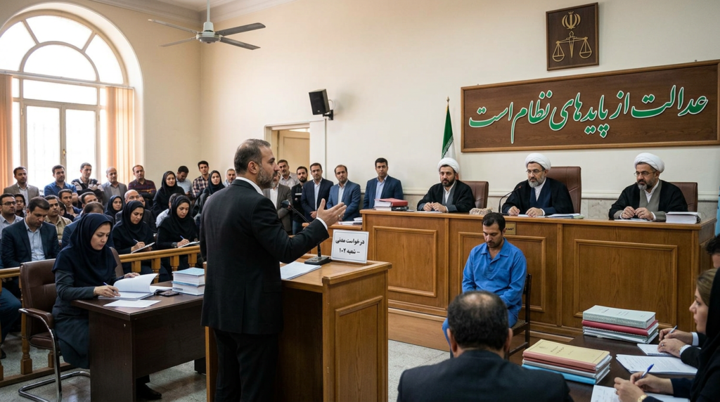 Lawyer addressing judges in an Iranian courtroom beneath Persian justice motto