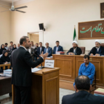 Lawyer addressing judges in an Iranian courtroom beneath Persian justice motto