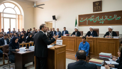 قانون آیین دادرسی مدنی الإيراني: قواعد التقاضي والإجراءات المدنية في إيران 14 Lawyer addressing judges in an Iranian courtroom beneath Persian justice motto