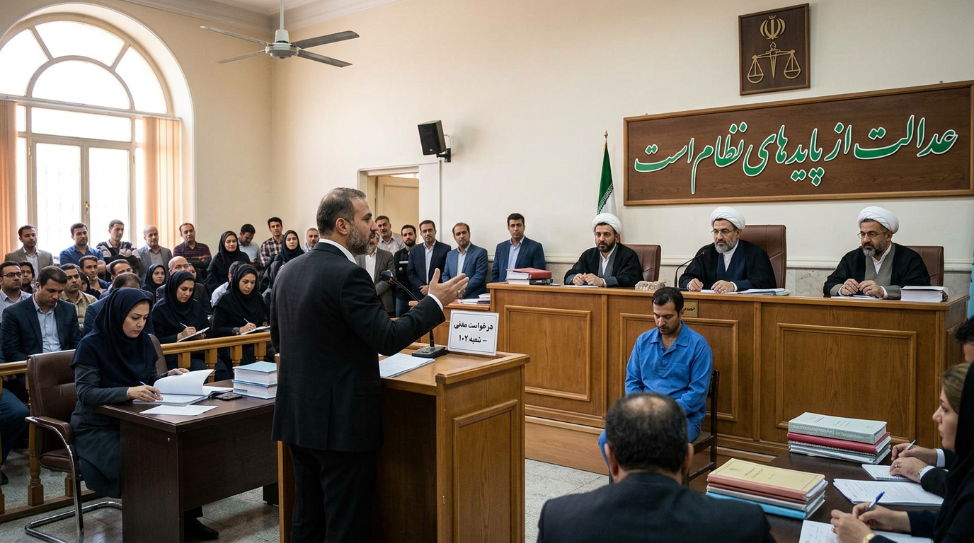 Lawyer addressing judges in an Iranian courtroom beneath Persian justice motto
